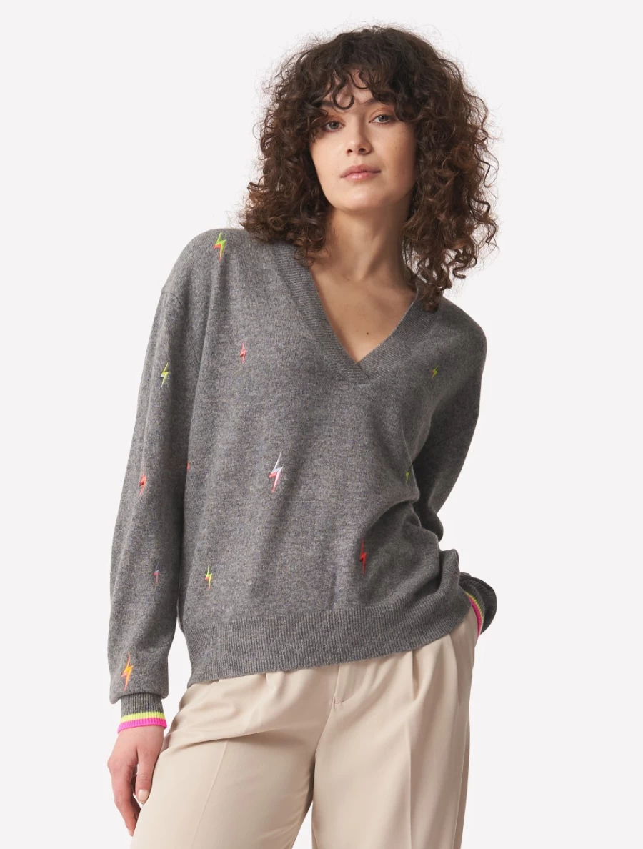 Brodie Women's Lightning Bolt V-Neck T-Shirt in Grey