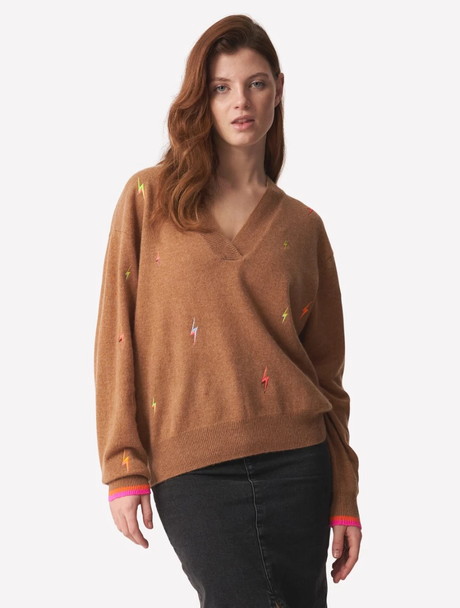 Brodie Women's Lightning Bolt V-Neck Sweater in Chestnut Brown