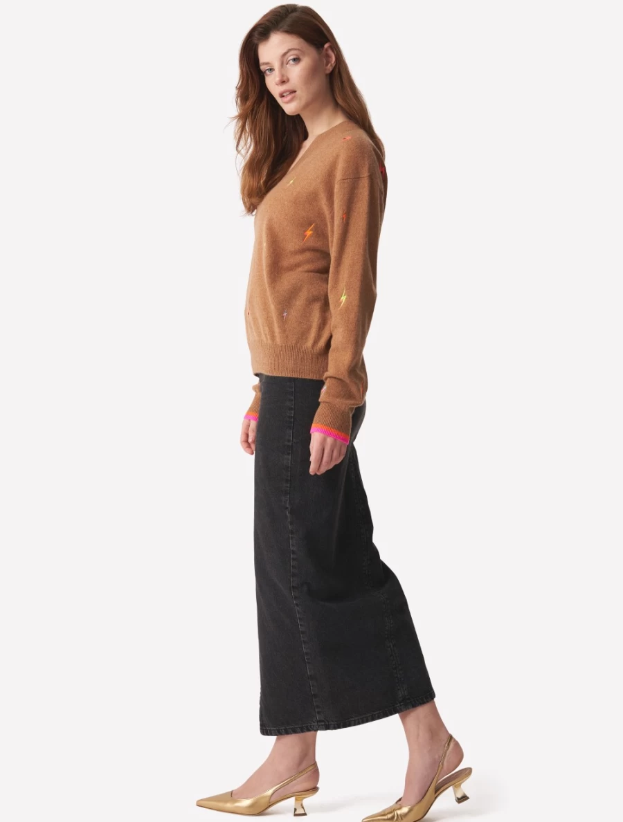 Brodie Women's Lightning Bolt V-Neck Sweater in Chestnut Brown
